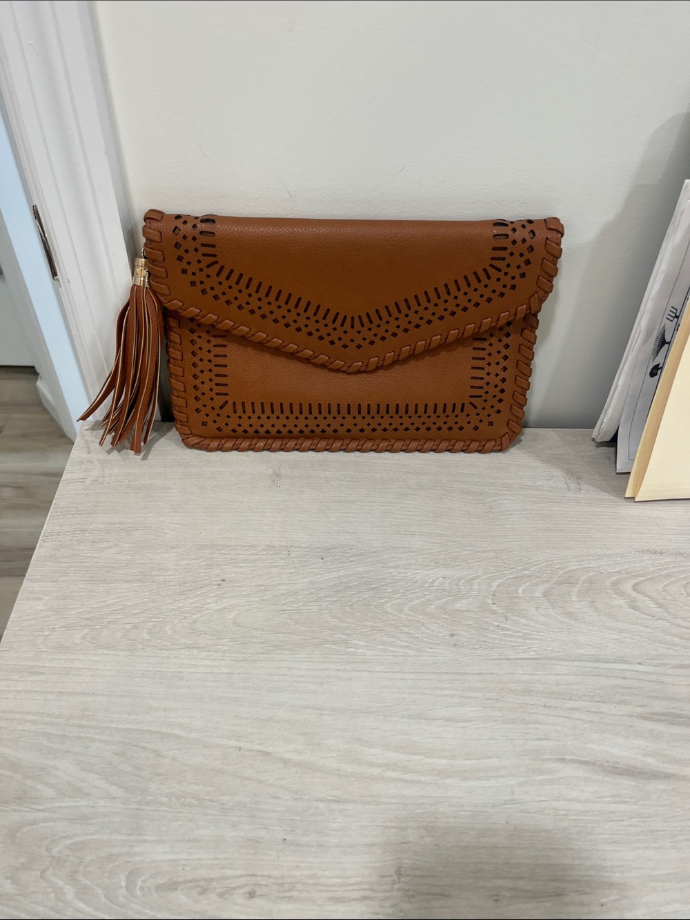 Women’s Tan Leather Tassel Clutch Bag